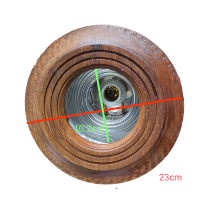 Local wooden border down light fixture with concentric wooden rings and metal inner housing