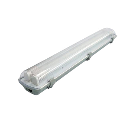 A long rectangular industrial LED light fixture with a clear ribbed plastic cover and a gray metal base, shown on a plain white background.