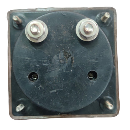 A square black electrical component or terminal block with a circular center plate, two silver screw terminals at the top, and four metal pins around the outer edge, shown on a plain white background.