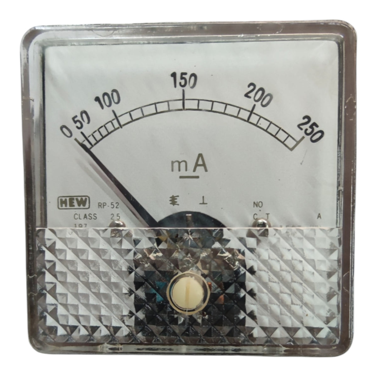 A square analog mA meter gauge with a clear protective cover, featuring a white dial face, black scale markings from 0.5 to 250, and a black needle.