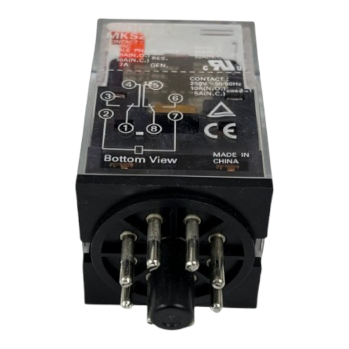 A black electrical relay with a clear top cover showing technical specifications and a bottom view diagram, photographed on a white background.