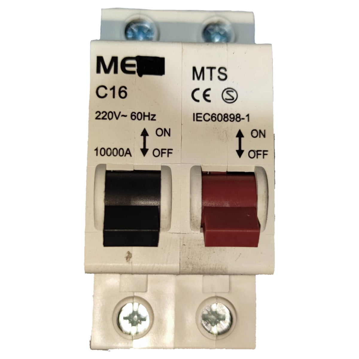 Electrical circuit breaker with ME and MTS branding on a white background