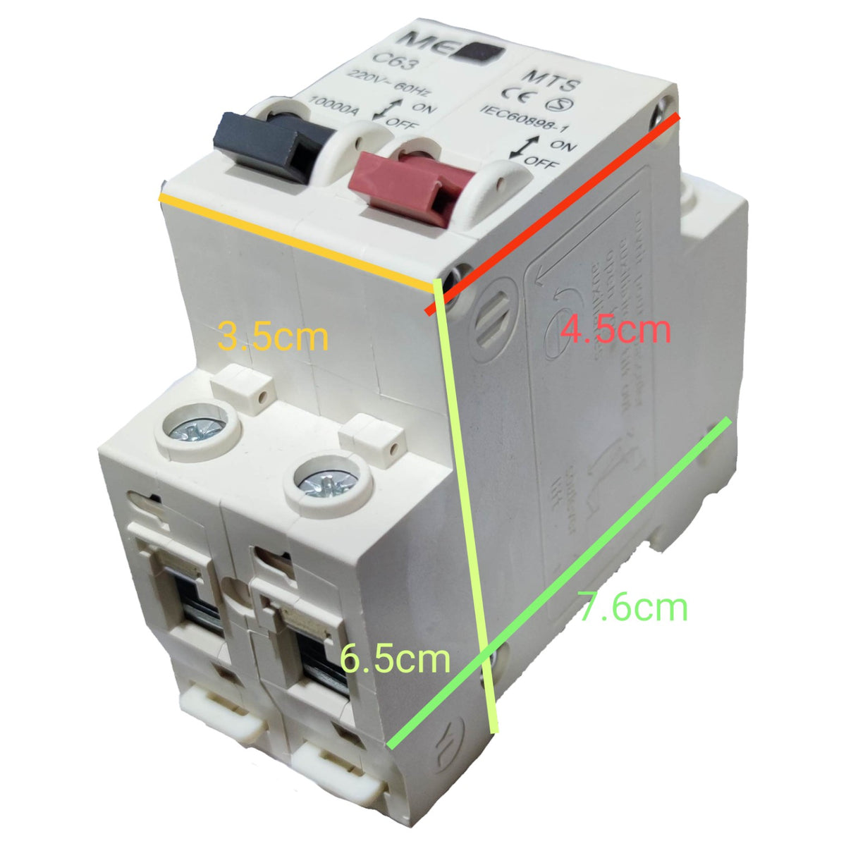 Electrical components with dimensions labeled on a white background