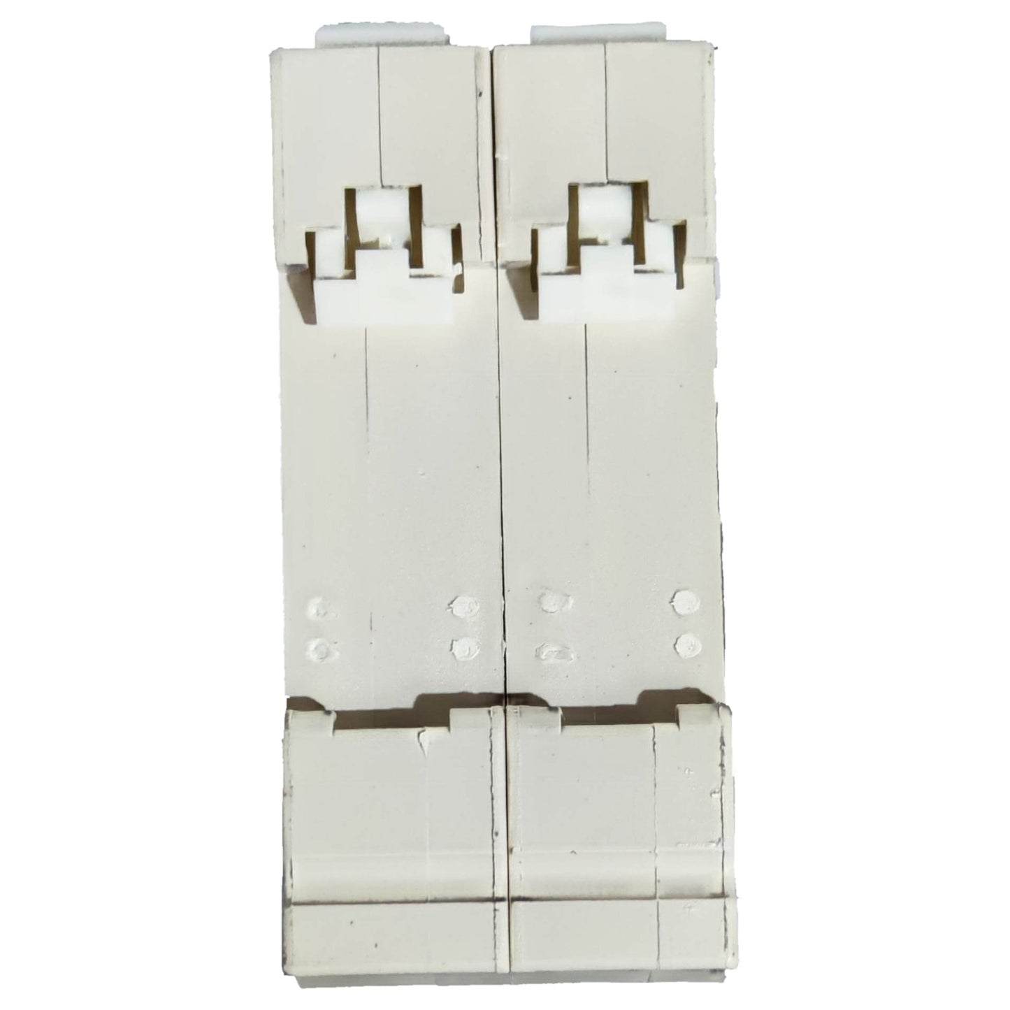 White plastic component with multiple holes and slots on a white background