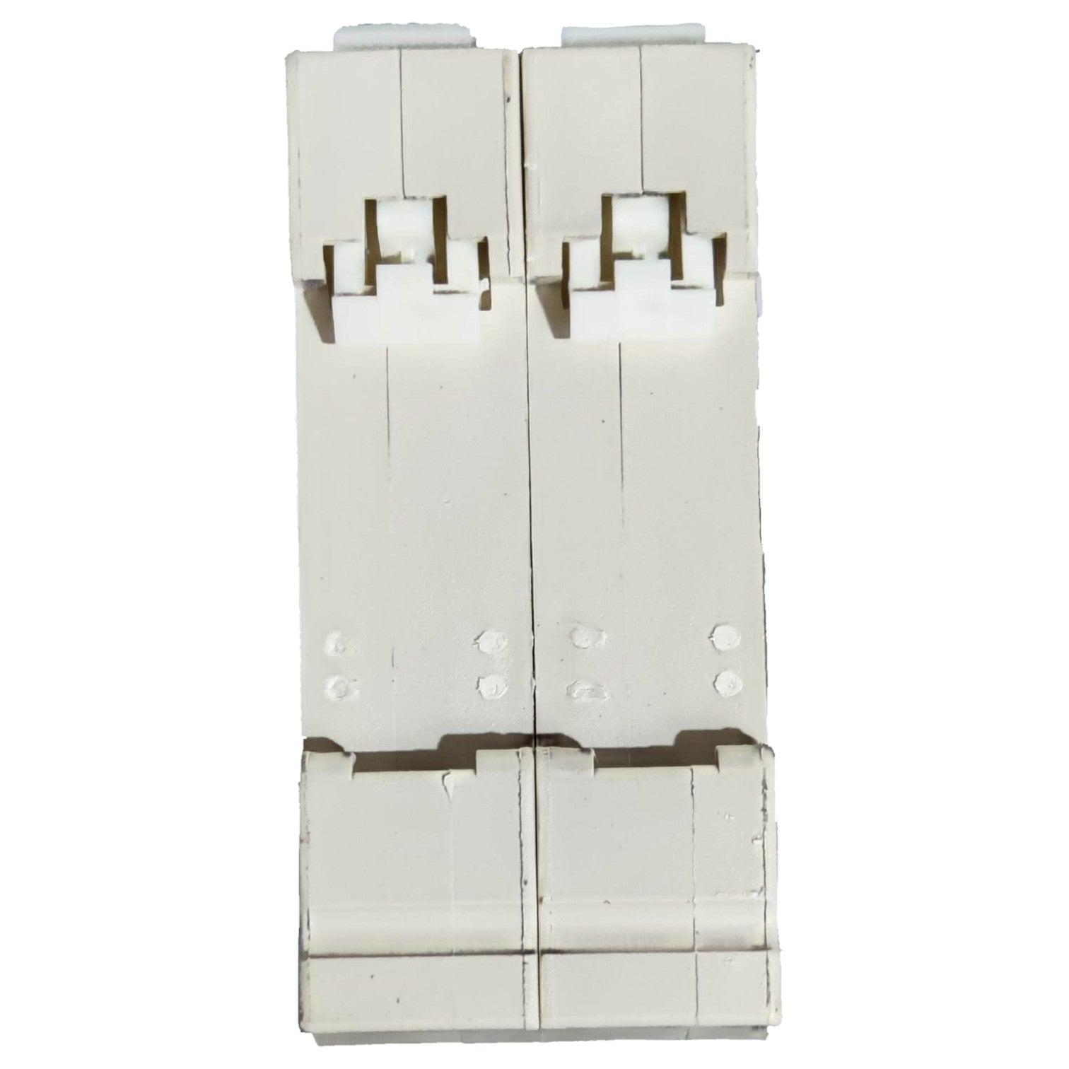 White plastic component with multiple holes and slots on a white background