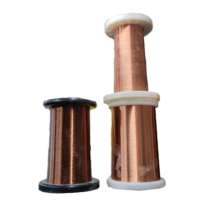 Two copper wire spools on a plain white background, one smaller spool with a black top and bottom and one larger spool with a white top and bottom.