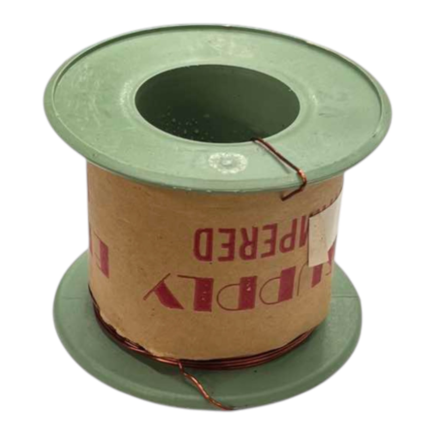 A spool of copper wire wound around a brown cardboard core with a light green plastic top and base, isolated on a white background.