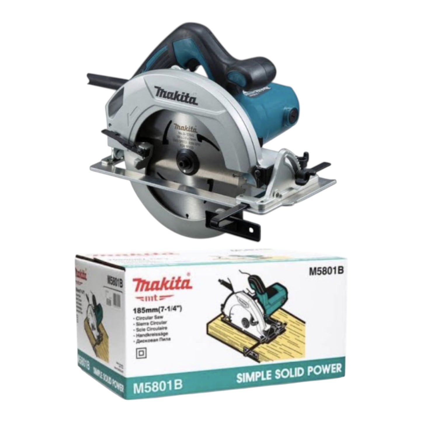 Makita circular saw M5801B shown above its retail packaging box on a plain white background.