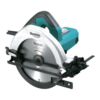 Makita circular saw with a silver blade, black guide rail, and teal and black handle on a white background.