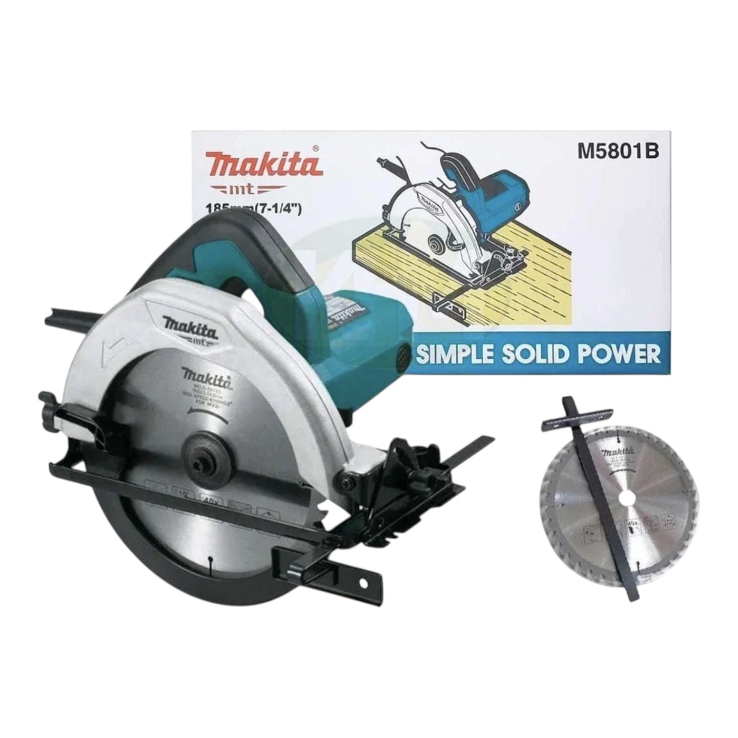 Makita circular saw with a guide fence attachment and a saw blade, shown alongside its retail packaging box on a white background.