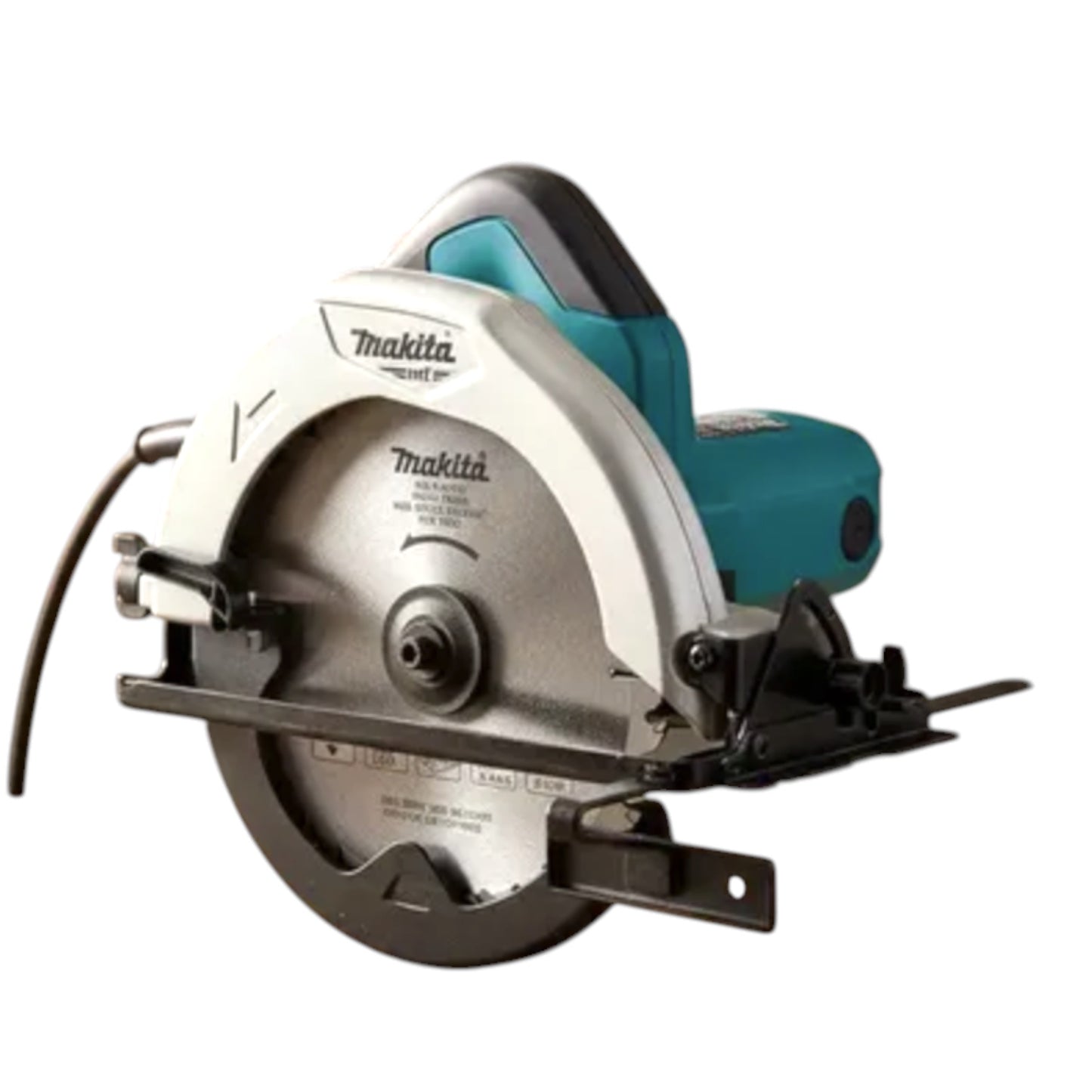 Makita circular saw with a silver metal blade guard, black base, and teal battery handle on a white background.
