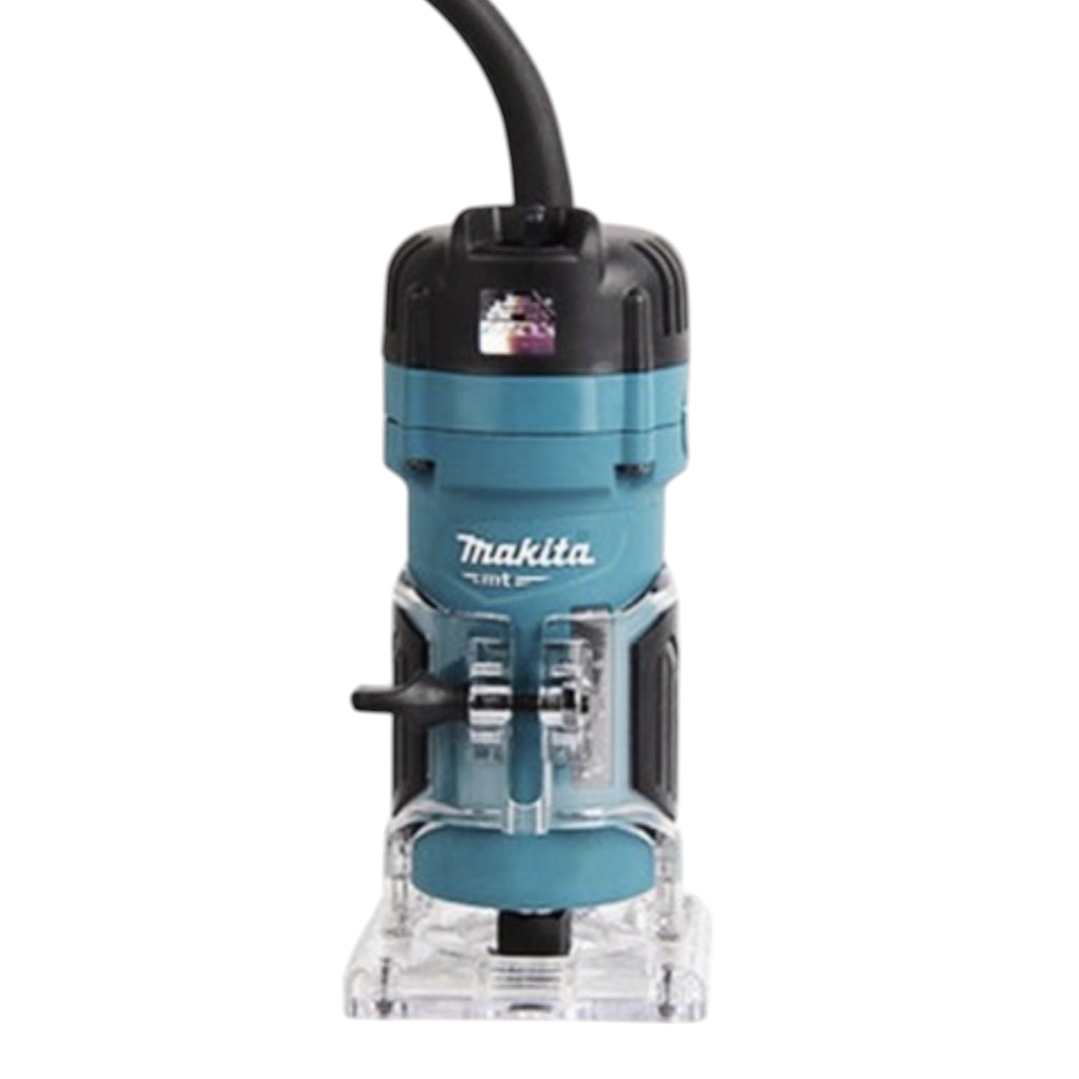 A Makita plunge router with a teal and black body, clear plastic base, and black power cord, shown against a plain white background.