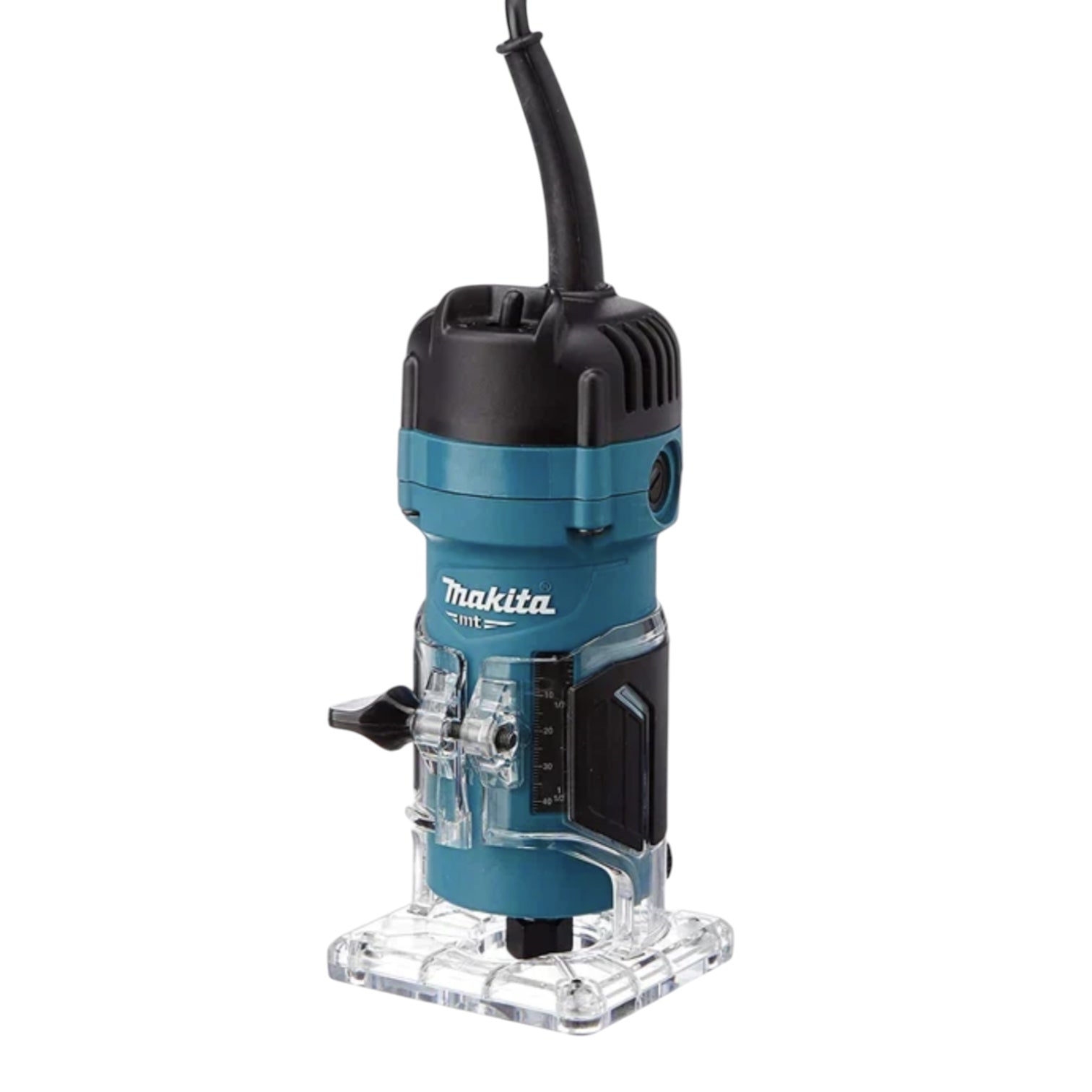 Makita plunge router with a teal and black body, clear plastic guard, and black power cord, shown on a plain white background.