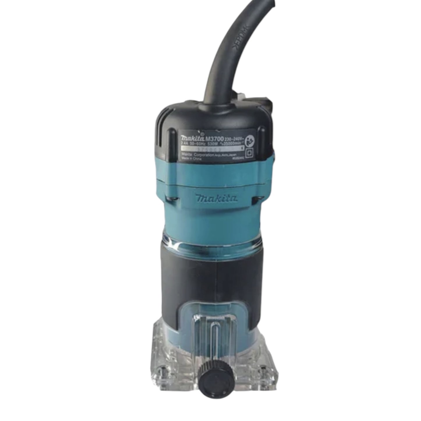 Makita MT1700 plunge router with a black and teal body, clear plastic base, and black power cord, shown on a white background.