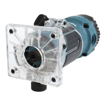 A cordless router with a clear plastic plunge guard, black adjustment knob, and a teal and black motor housing, shown on a plain white background.