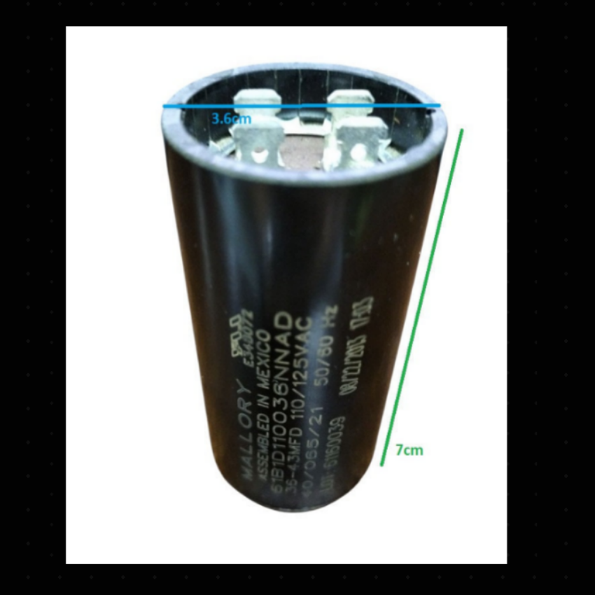 Mallory Starting Capacitor 36-43MFD 125V with black cylindrical body and connection terminals