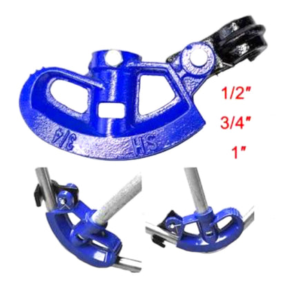Blue metal hose clamp accessory with red size text reading 1/2", 3/4", 1" and two smaller inset photos showing how it attaches to a hose and pipe.
