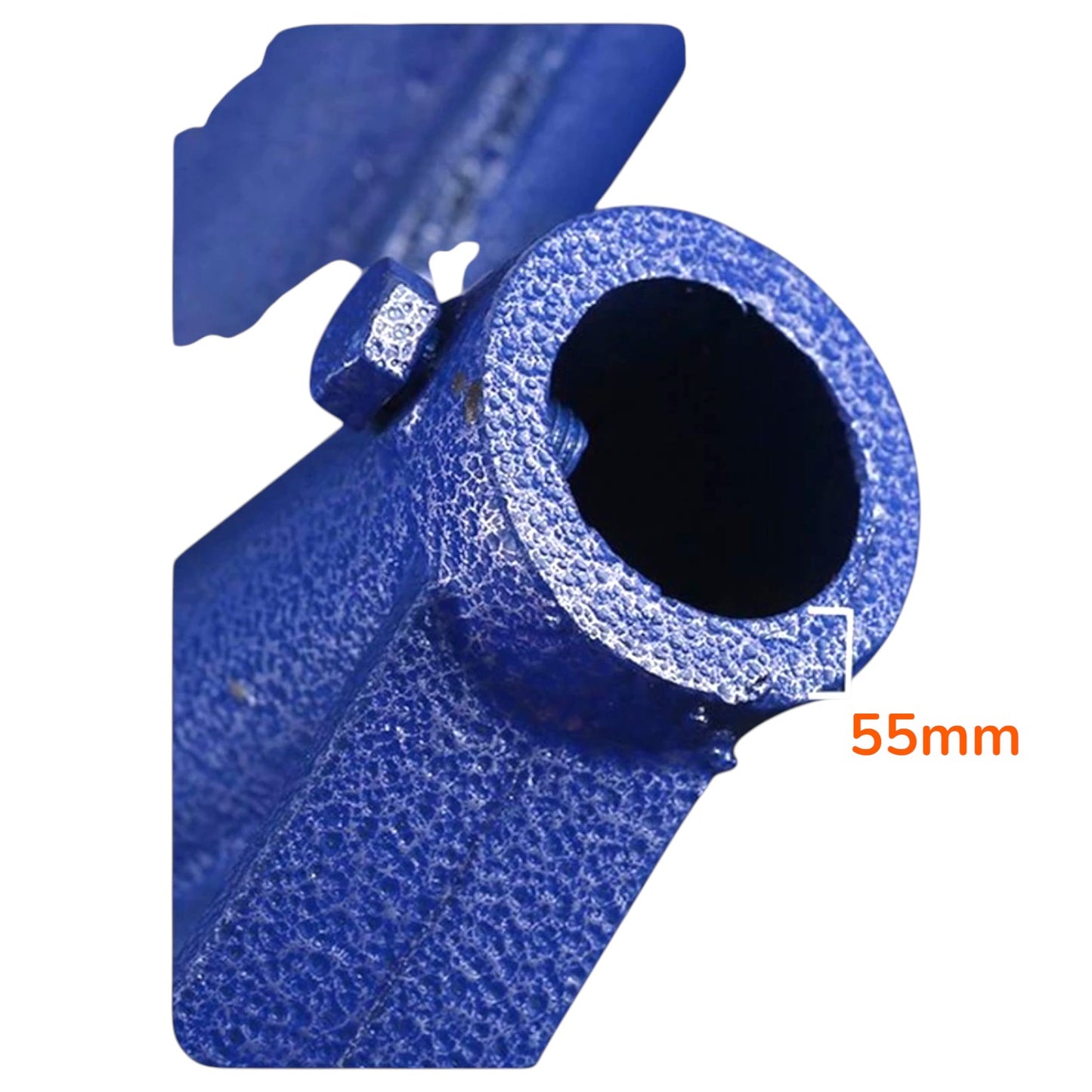 A close-up of a blue cast iron pipe fitting or bracket with a threaded connection and a circular opening, shown on a white background with an orange '55mm' size label.
