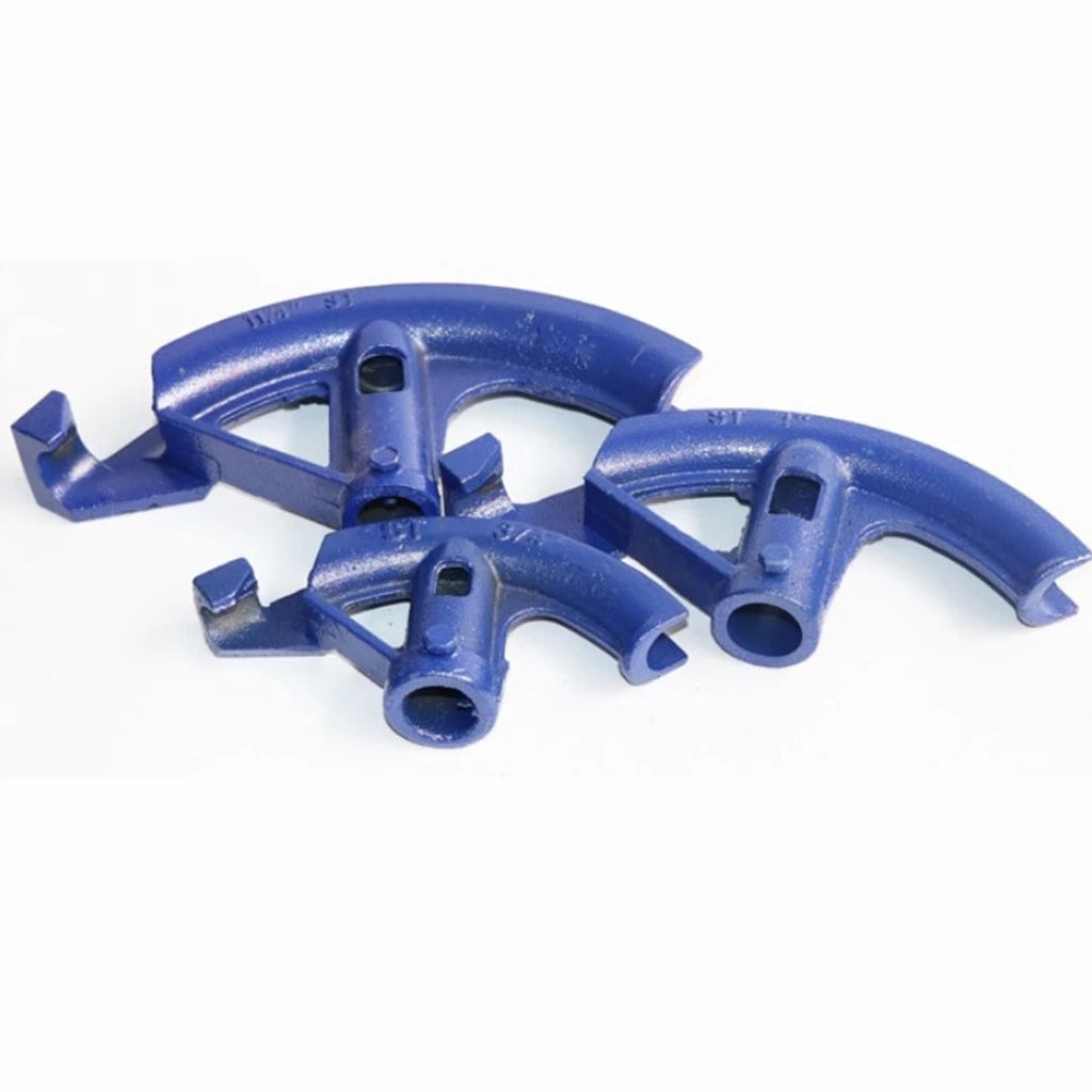 Three blue cast iron pipe hangers arranged on a plain white background.