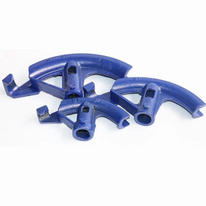 Three blue cast iron pipe hangers arranged on a plain white background.