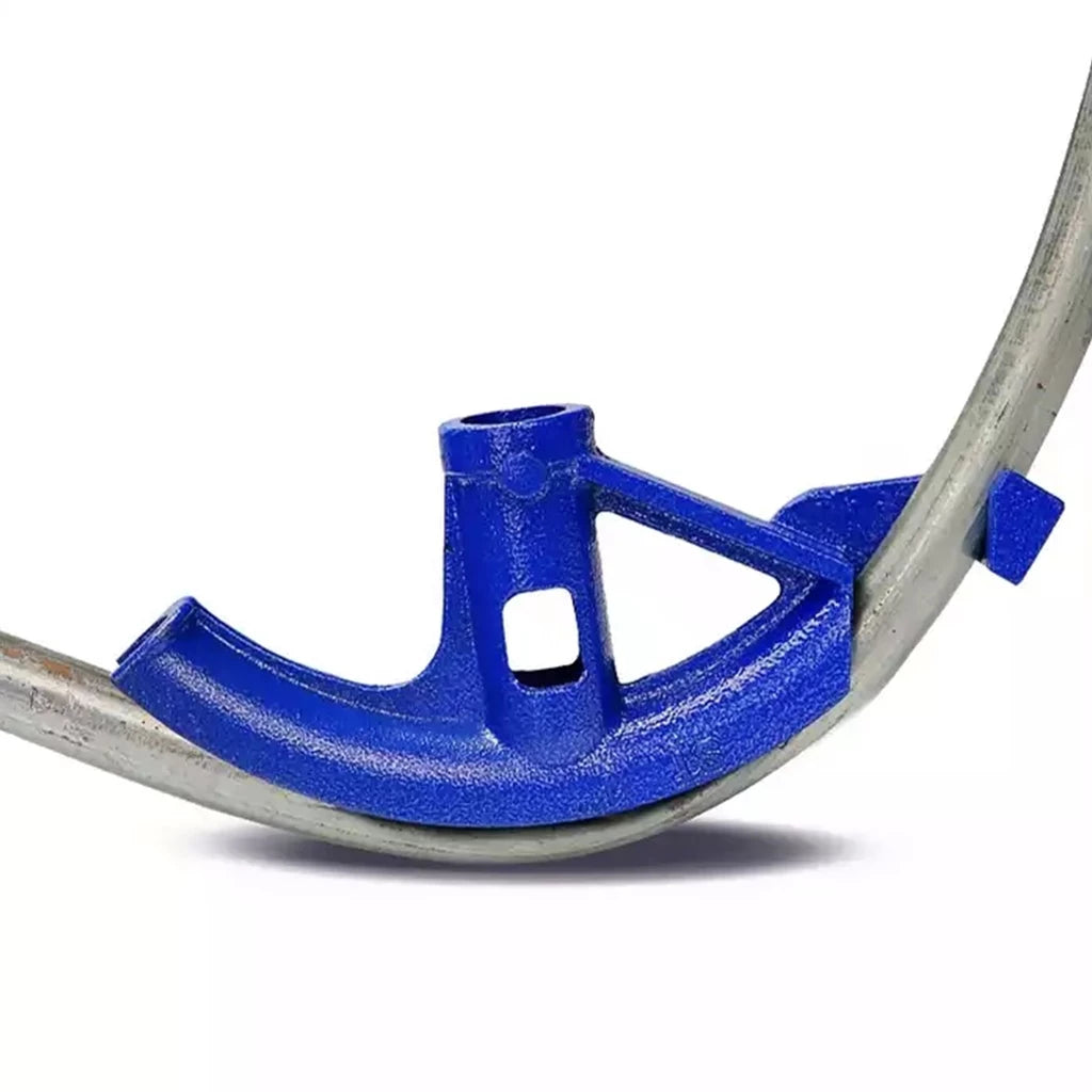 A close-up of a curved metal rail or guide with a bright blue painted support bracket or shield, shown on a plain white background.