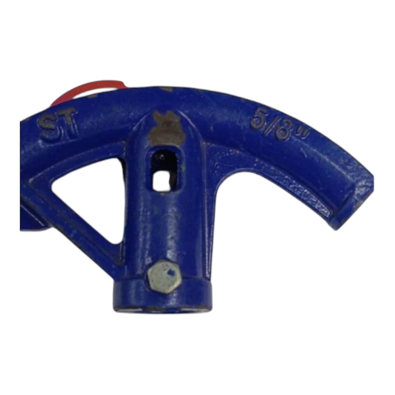 A blue cast iron pipe fitting or valve component with stamped measurements '3/4"' and 'ST', featuring a red wire loop at the top and a silver metal screw on the bottom, isolated on a white background.