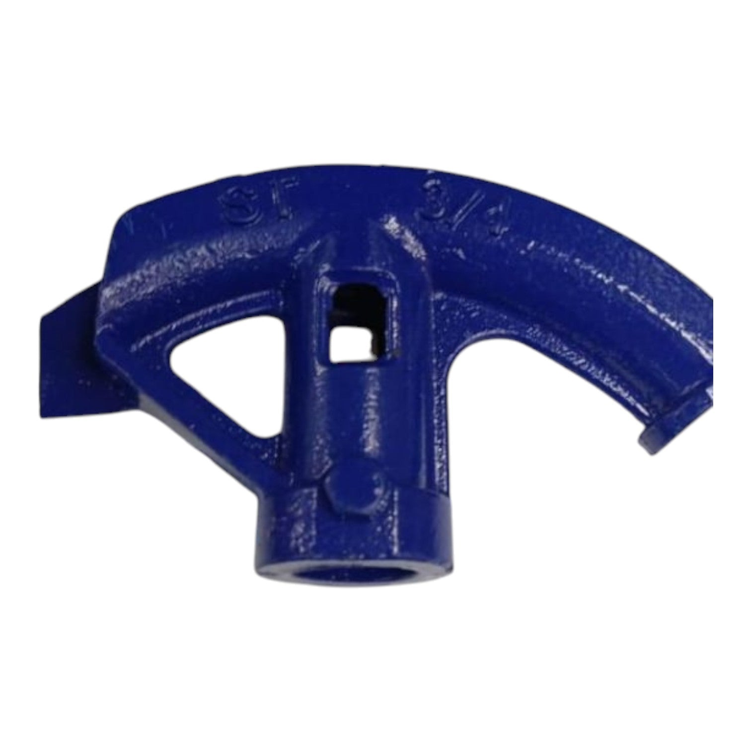 A blue cast iron pipe fitting or connector component with a curved top and central opening, shown on a plain white background.