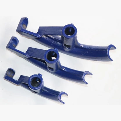 Three blue plastic mounting brackets or clips arranged diagonally on a plain white background.