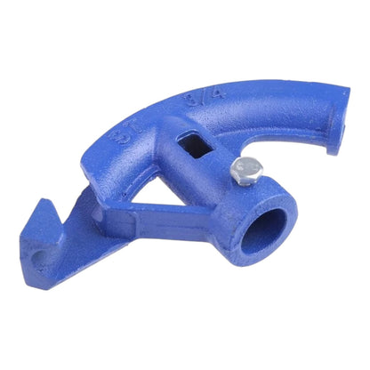 A blue cast iron pipe fitting with a small silver hex nut, shown on a plain white background.