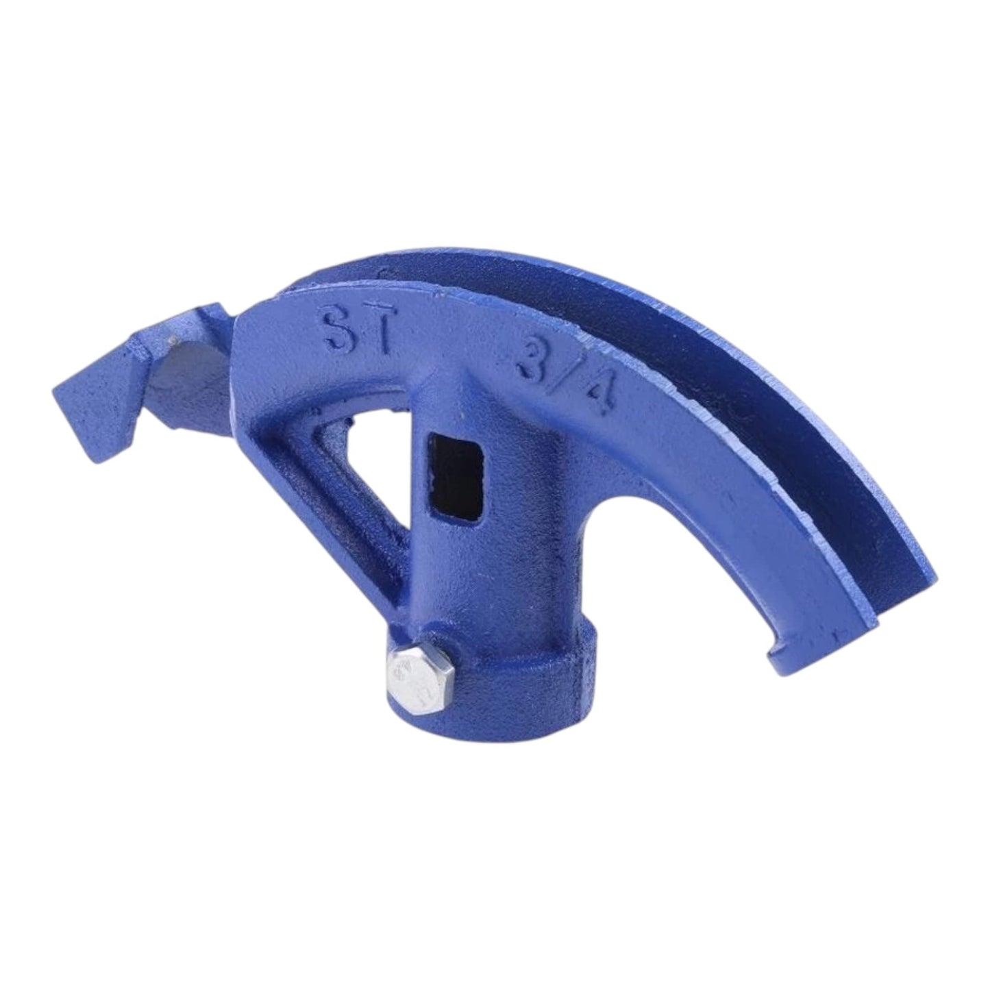 A blue cast iron pipe coupler with 'ST 3/4' embossed on the side and a silver hex bolt on the bottom, shown on a plain white background.