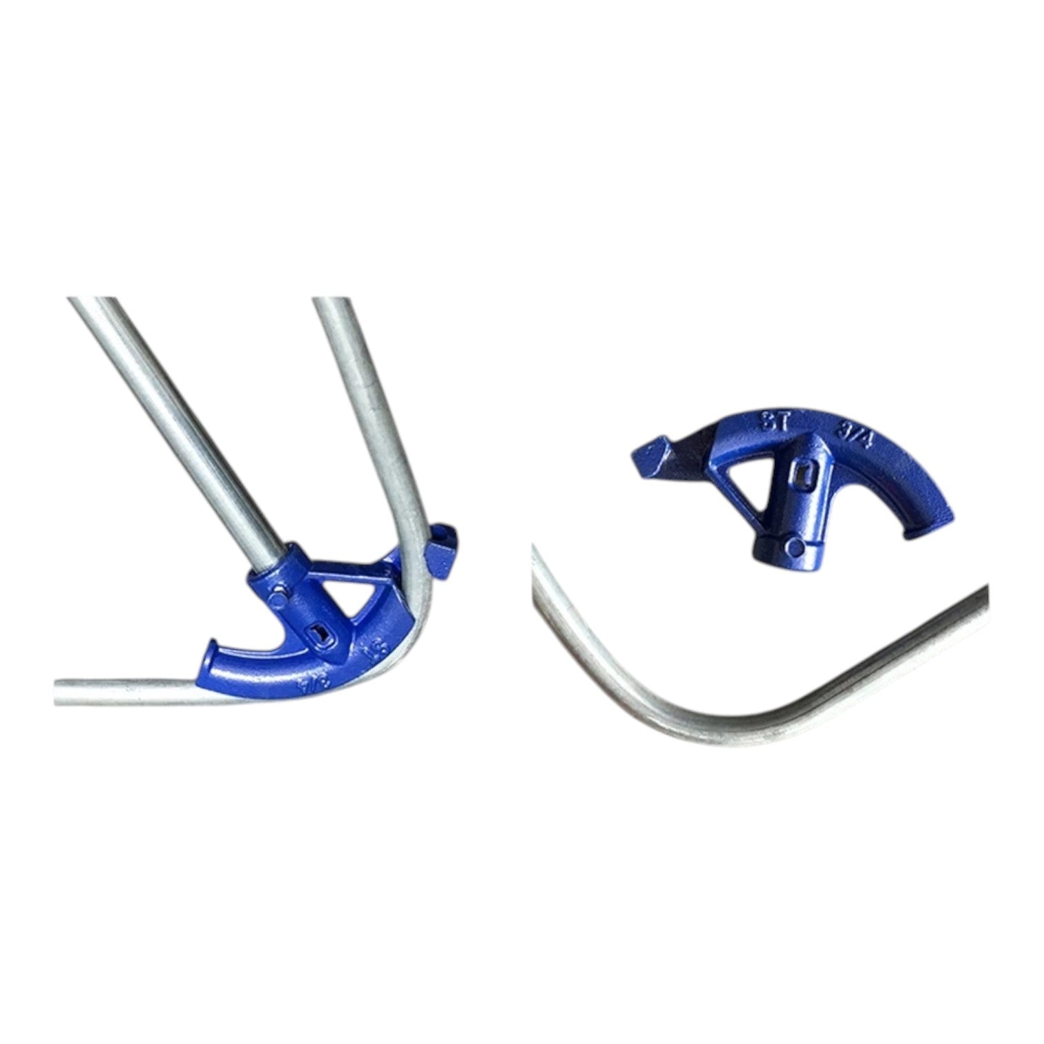 A blue metal bicycle frame bend tool shown alongside a curved silver metal tube demonstrating the tool's use, on a plain white background.