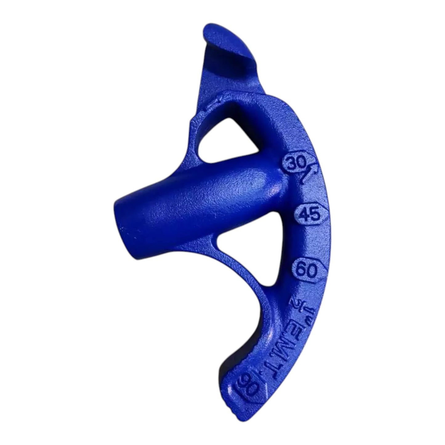 A blue plastic climbing or orienting aid with embossed angle markings (30, 45, 60, 90) and the text 'WE LEAD,' shown on a plain white background.
