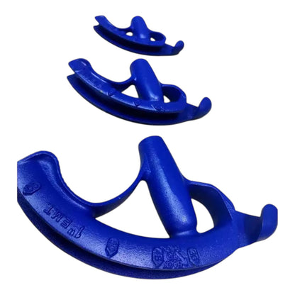 Three blue plastic mounting brackets or clips shown on a plain white background, arranged by size.