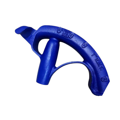A bright blue molded plastic climbing or sport climbing handhold, shown from a three-quarters perspective against a plain white background.