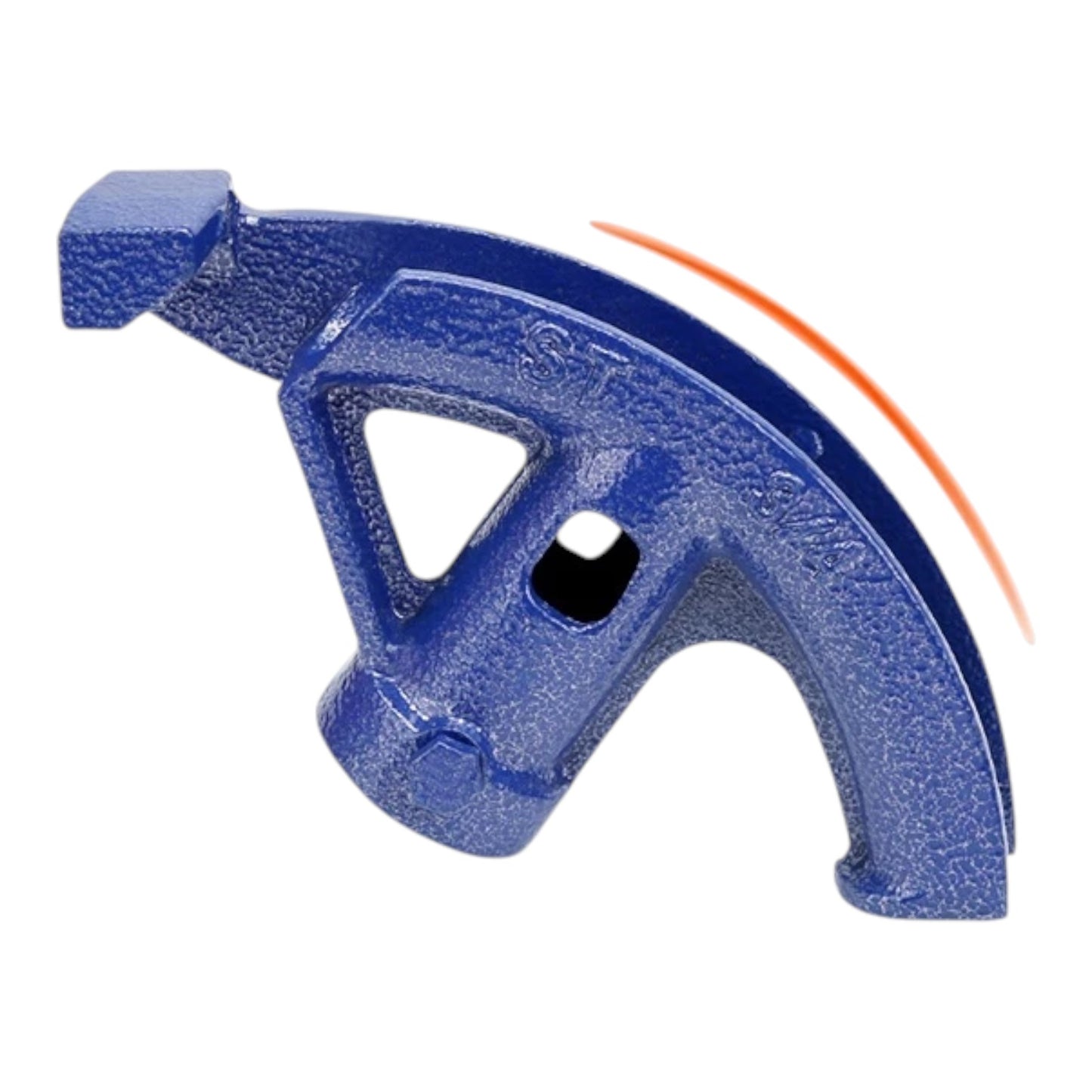 A blue cast iron pipe coupler with a textured finish, featuring a curved design and a small orange motion arrow graphic on a white background.