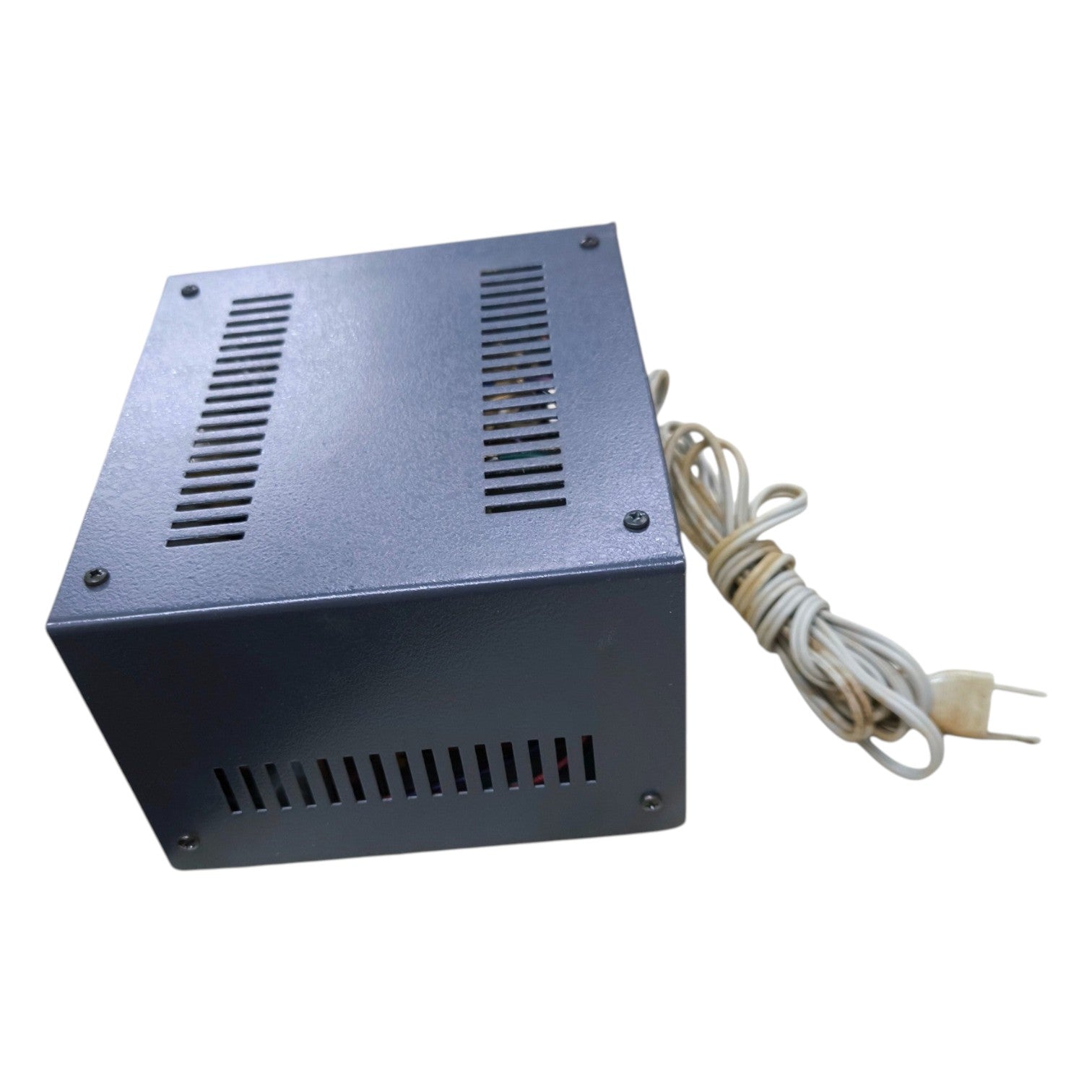 Black electronic power supply unit with a cable on a white background
