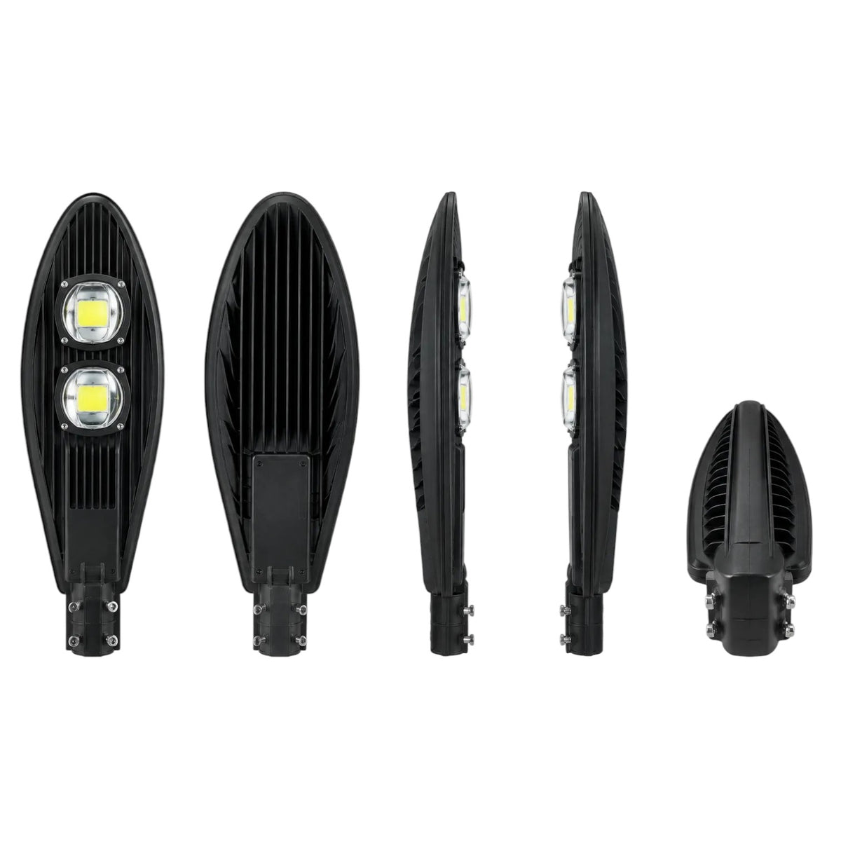 Five black LED street light fixtures shown from multiple angles on a plain white background, including front, back, side, and angled views.