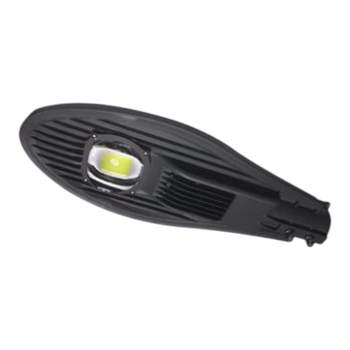 A modern black LED street light with a ribbed housing and a central glowing light element, shown against a plain white background.