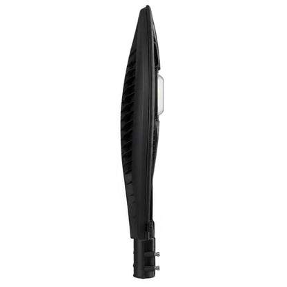 A modern black LED street light shown in a side profile view against a solid white background.