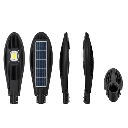 A five-view product presentation of a black solar street light on a plain white background, showing the top, side, and mounting views.