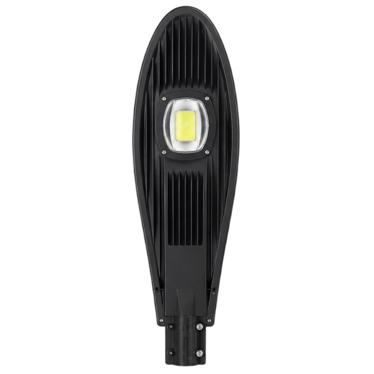 A modern black LED street light with a ribbed housing and a central square yellow LED chip under a clear lens, shown against a plain white background.