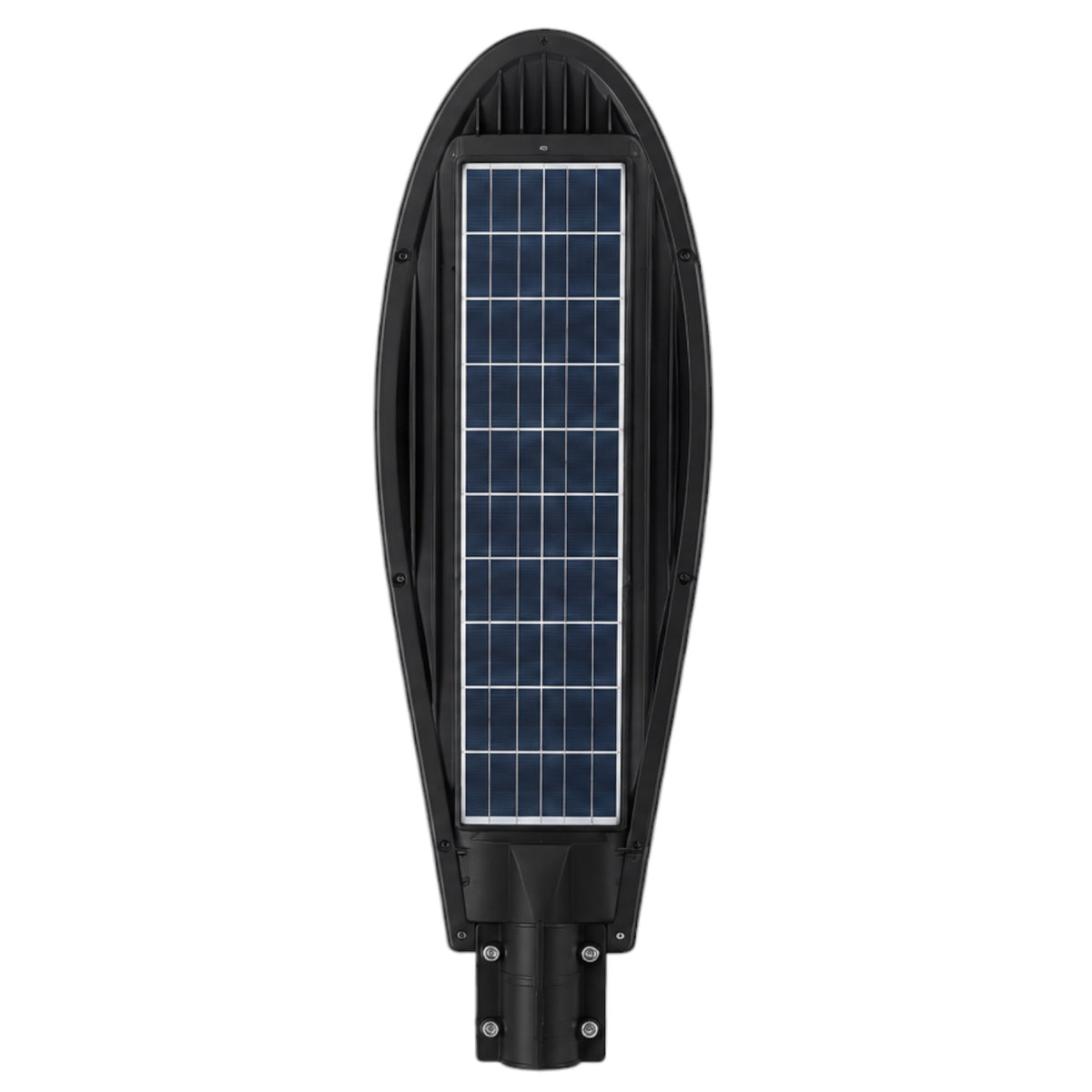 A black solar-powered street light with a prominent rectangular blue solar panel on its front, shown against a solid white background.