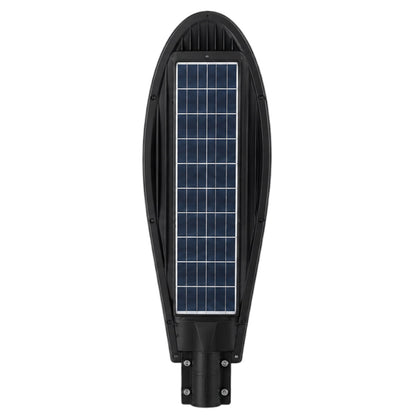 A black solar-powered street light with a prominent rectangular blue solar panel on its front, shown against a solid white background.