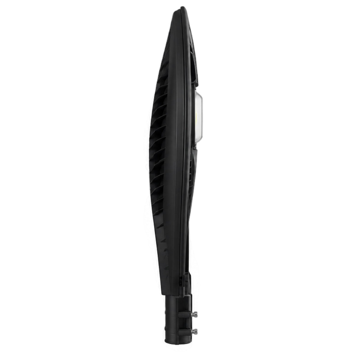 A modern black LED street light shown in a side profile view against a solid white background.