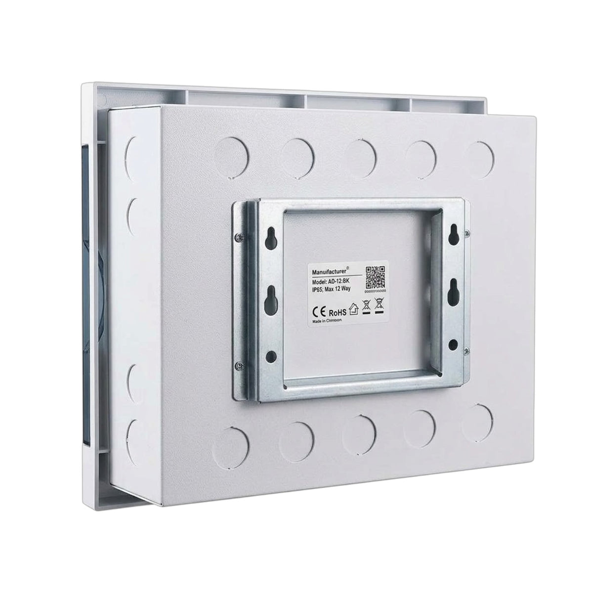A silver metal mounting bracket or enclosure plate with circular cutouts and a central recessed panel showing a small product label, photographed on a plain white background.