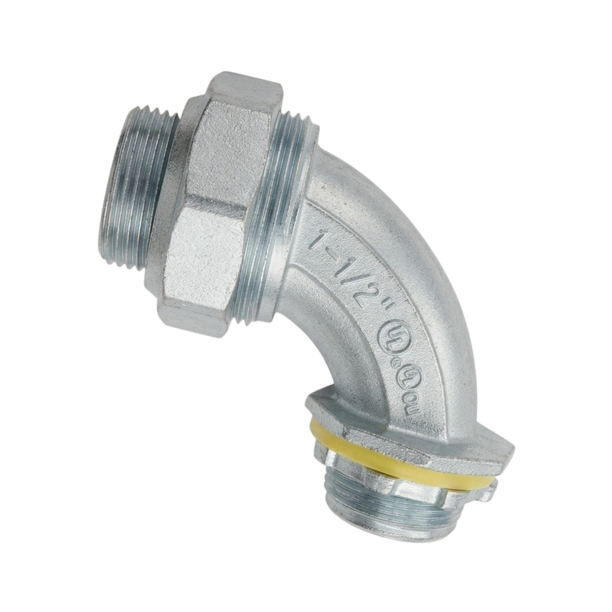 A galvanized metal 90-degree elbow pipe connector with a hex nut on one end and a yellow rubber O-ring seal on the other, shown on a plain white background.