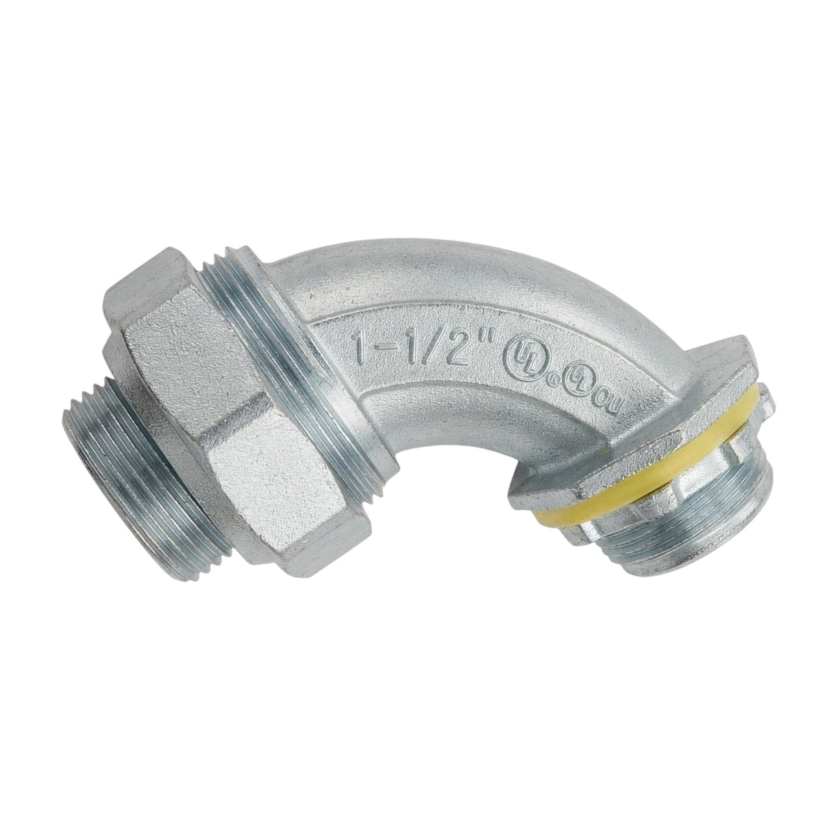 A galvanized steel 90-degree elbow pipe connector with threaded male and female ends, featuring a yellow rubber O-ring, shown on a plain white background.