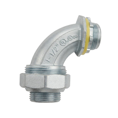 Galvanized steel 90-degree elbow pipe connector with a yellow rubber O-ring, shown on a white background.
