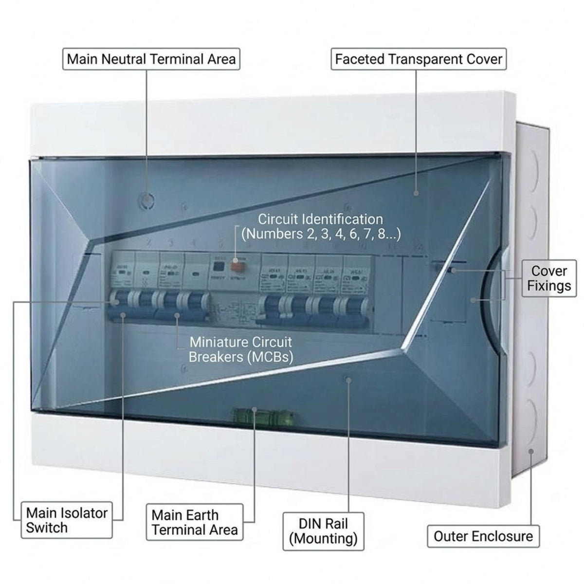 A labeled technical diagram of a white electrical distribution board or circuit breaker enclosure with a transparent front cover, showing callouts for main neutral terminal area, faceted transparent cover, circuit identification, miniature circuit breakers (MCBs), main isolator switch, main earth terminal area, DIN rail, and outer enclosure.