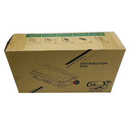 A brown cardboard distribution box with printed diagrams and text including 'DISTRIBUTION BOX' and '16 in', photographed on a plain white background.